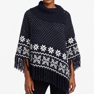 89th & Madison Black Snowflake Knit Poncho Fringe Tassel Cowl Neck Sweater Med